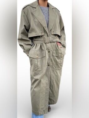 Vintage Olive Green Trench Coat UNISEX 💯 Leather Trim ON-TREND Oversized Luxe